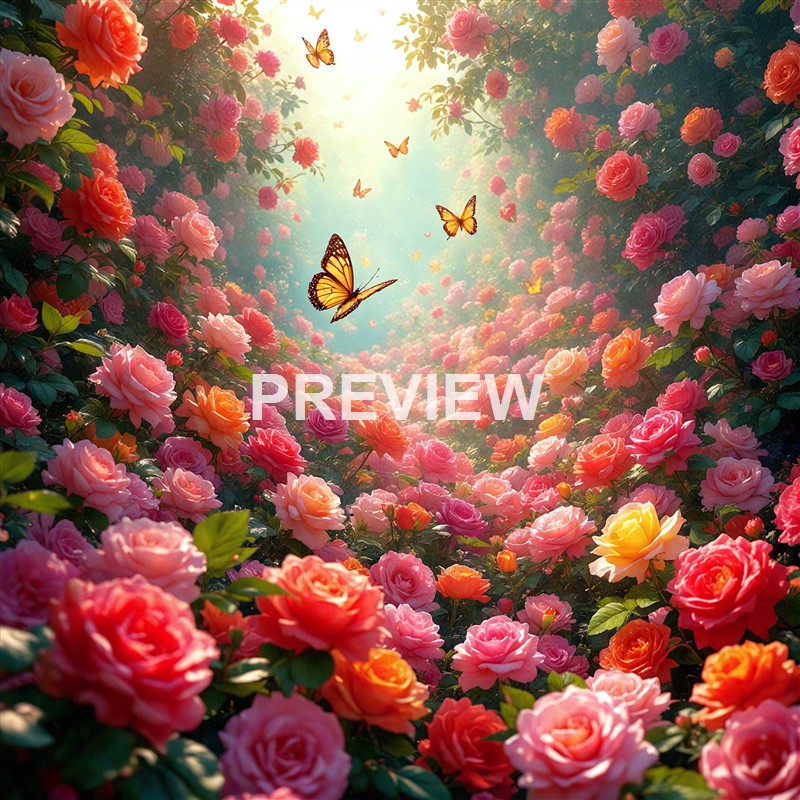 A vibrant scene of pink, orange, and yellow roses forming a tunnel-like pathway with sunlight shining through, accompanied by several butterflies fluttering in the air.
